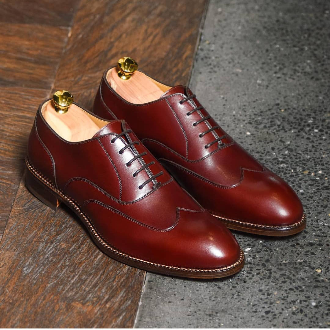 Men's Handmade Burgundy Colour Leather Shoes, Wing Tip Formal Lace Up ...