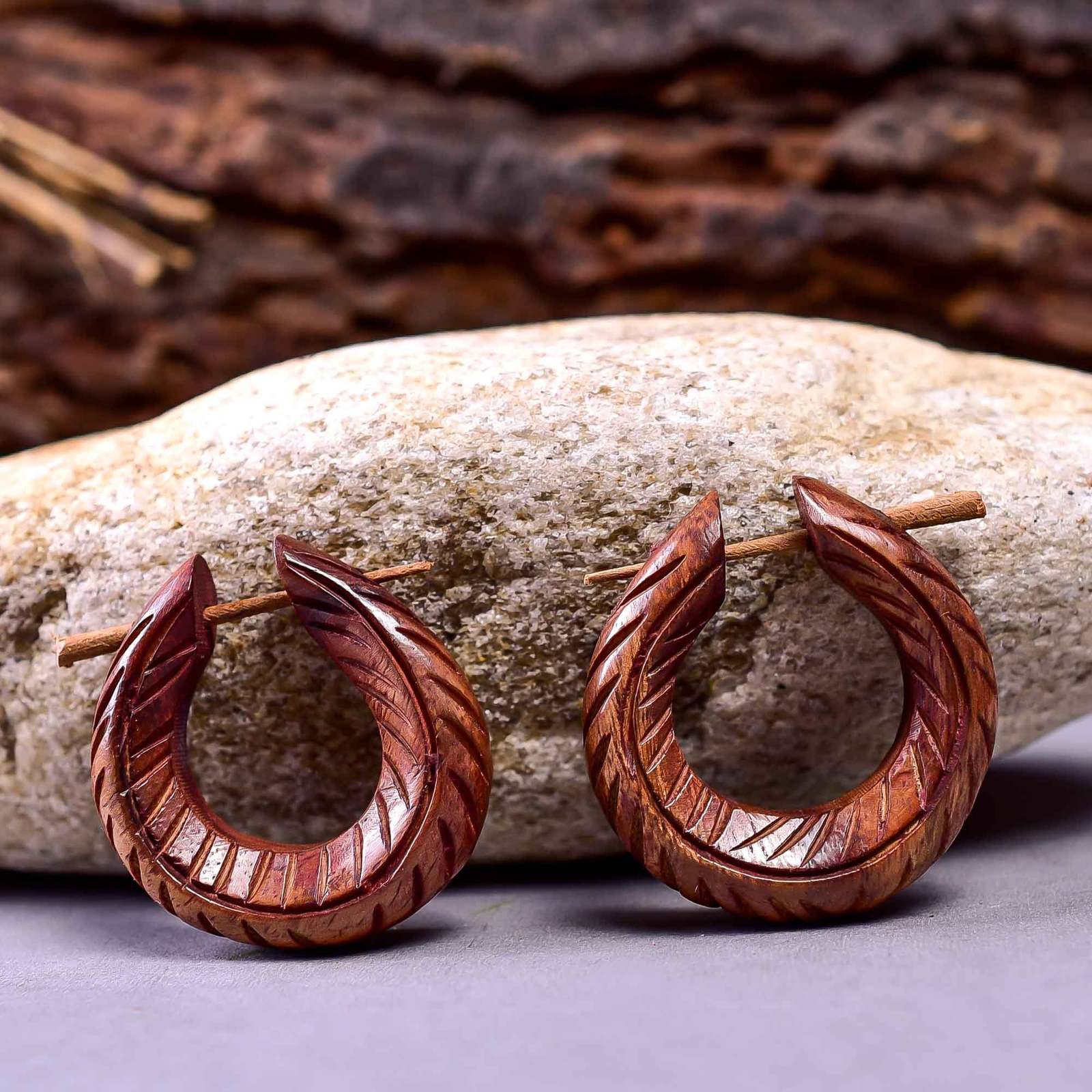 Brown Wooden Carved African Tribal Big Fake Gauge Earrings 1.4", AB25