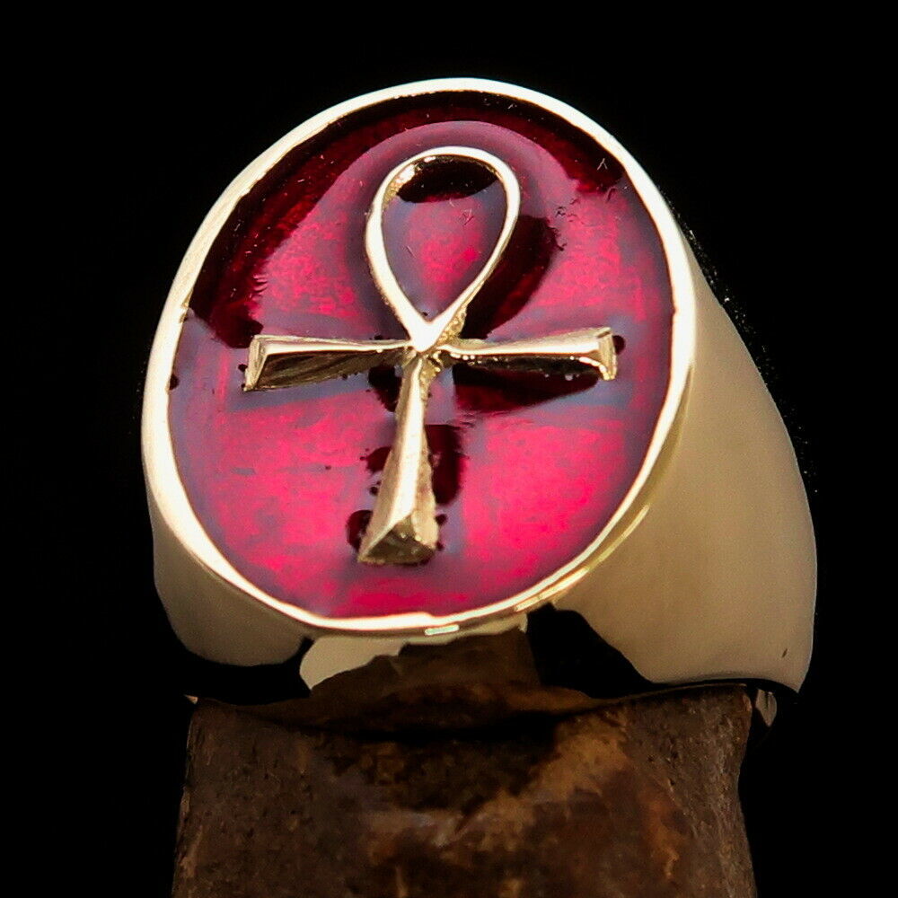 Primary image for Nicely crafted oval shaped Mens Ring Egyptian Ankh Cross Red