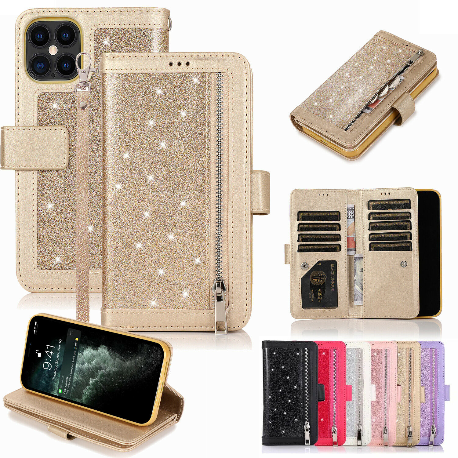 For Apple iPhone 12 Pro Max/12 Mini Bling Leather Wallet Stand Phone Case Cover