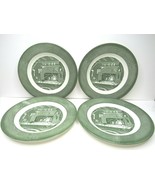 4 VTG Colonial Homestead Royal Green Home Scene Rim 9 7/8" Dinner Plates USA MCM - $43.23