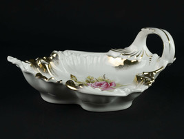 Crown Dresden Leaf Shape, Handled Bowl w Hand Painted Pink &amp; Yellow Rose... - $44.55