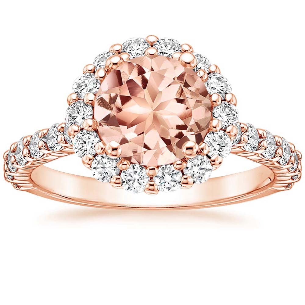 14K Rose Gold Over Silver Round Cut Morganaite & CZ Dia Flower Cluster Halo Ring