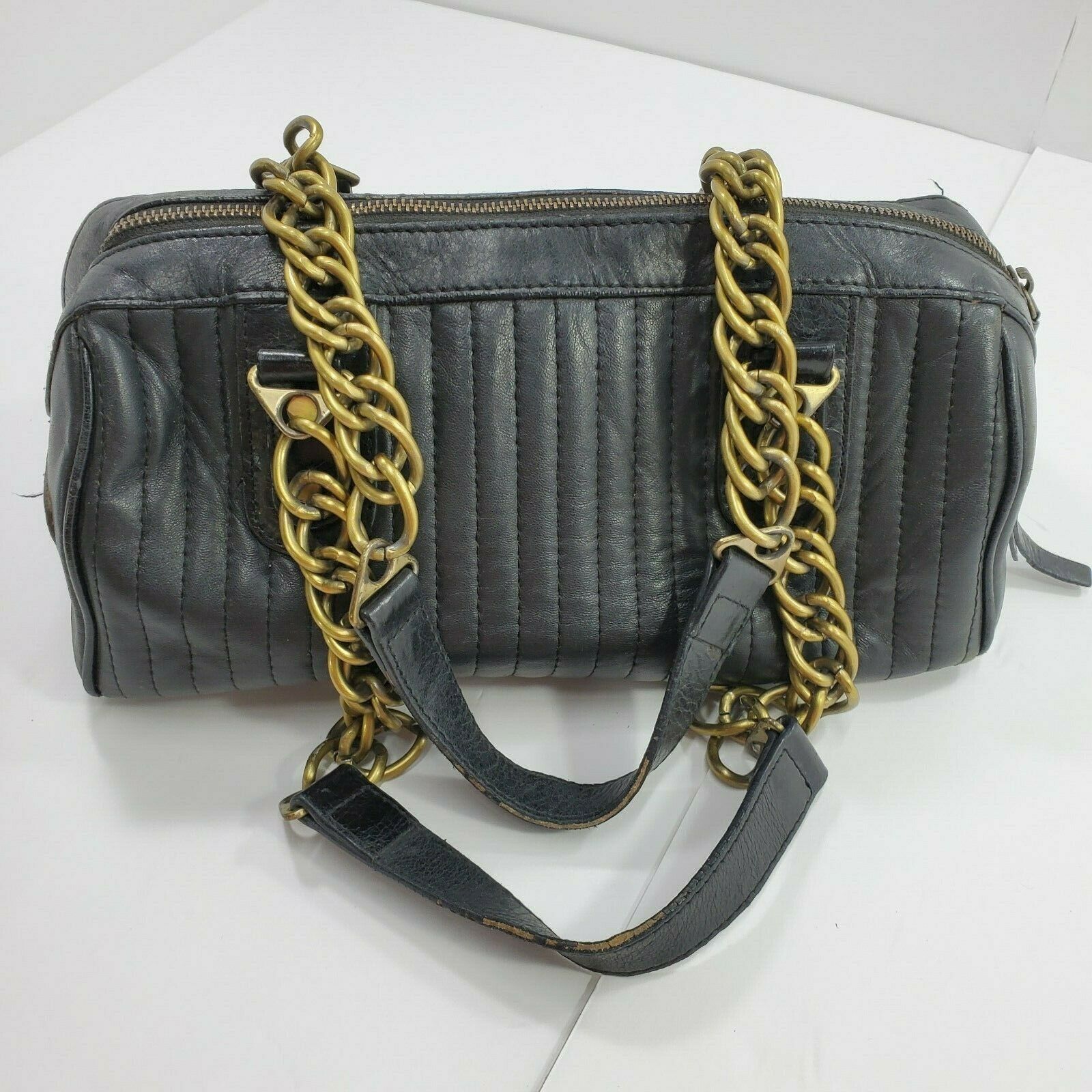 Aqua Madonna Black Leather Purse Satchel Gold Chain Detail Straps Bag - Women&#39;s Bags & Handbags