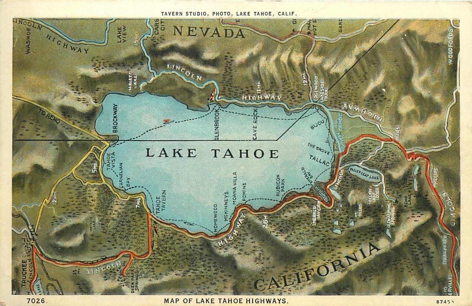 c1920 Postcard; Map of Lake Tahoe Highways, Tavern Studio/ Curt Teich ...