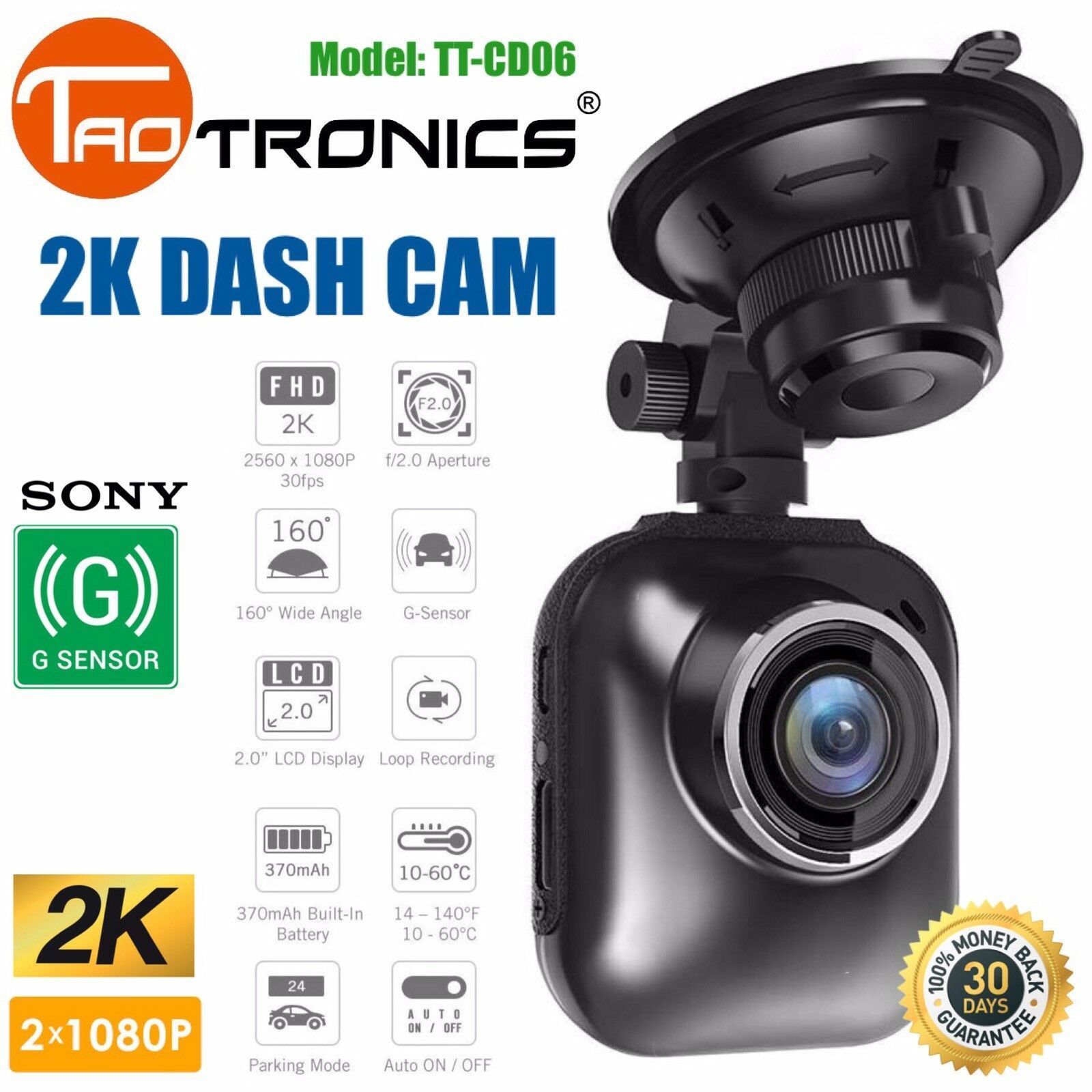 Dash Cam 2K Sony G-Sensor HDR TaoTronics DVR Car Camera Night Vision TT ...