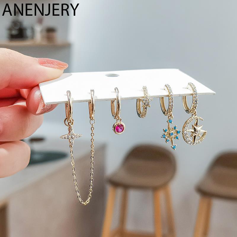 ANENJERY 6 pieces/set Silver Color Star Hoop Earrings for Women Colored Zircon D - $18.38