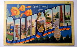 Greetings From California Large Letter Linen Postcard Curt Teich 1940&#39;s ... - $7.92