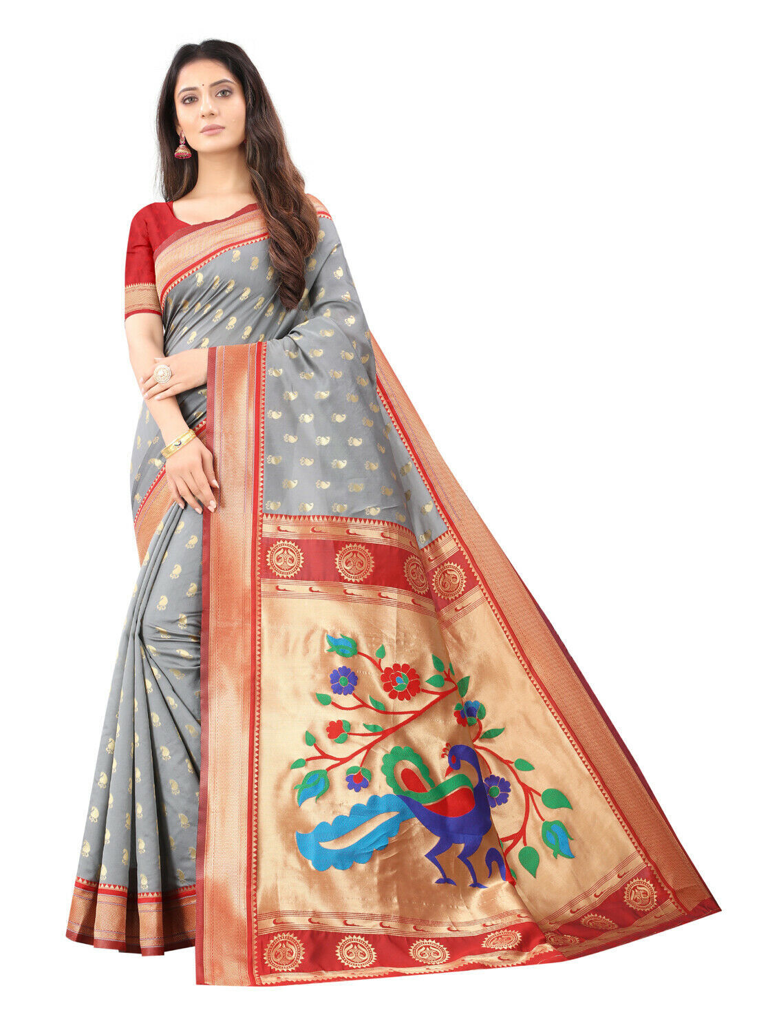 Designer Indian Grey Zari Weaving Pallu Work Paithani Sari Silk Party Wear Saree