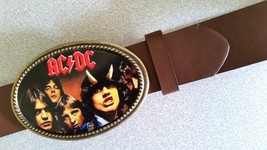 AC/DC  Rock  Epoxy PHOTO MUSIC BELT BUCKLE &amp; Brown Bonded Leather Belt -... - $24.70