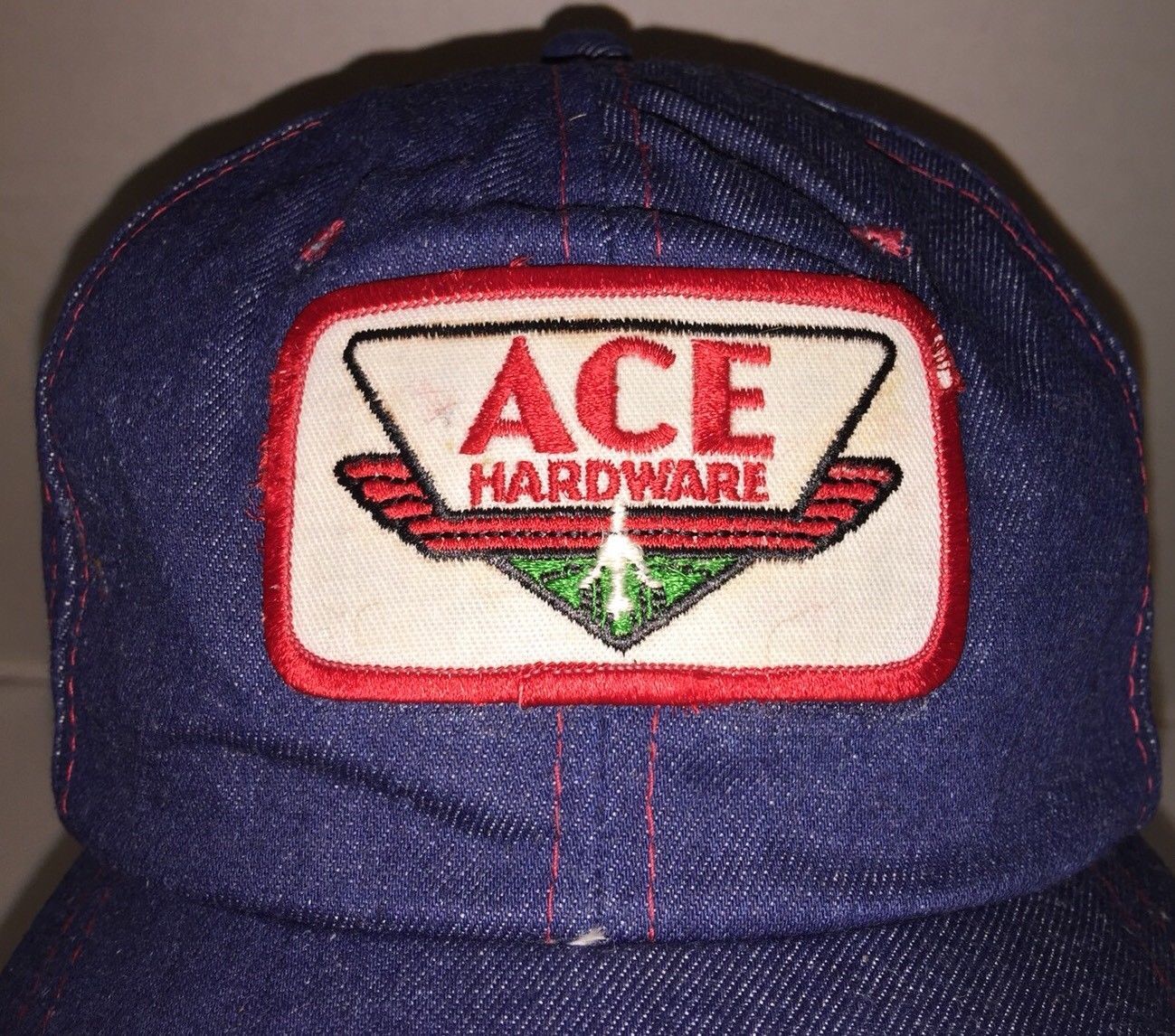 Vintage ACE HARDWARE 70s LOGO Denim Hat Cap Snapack Red Stitching