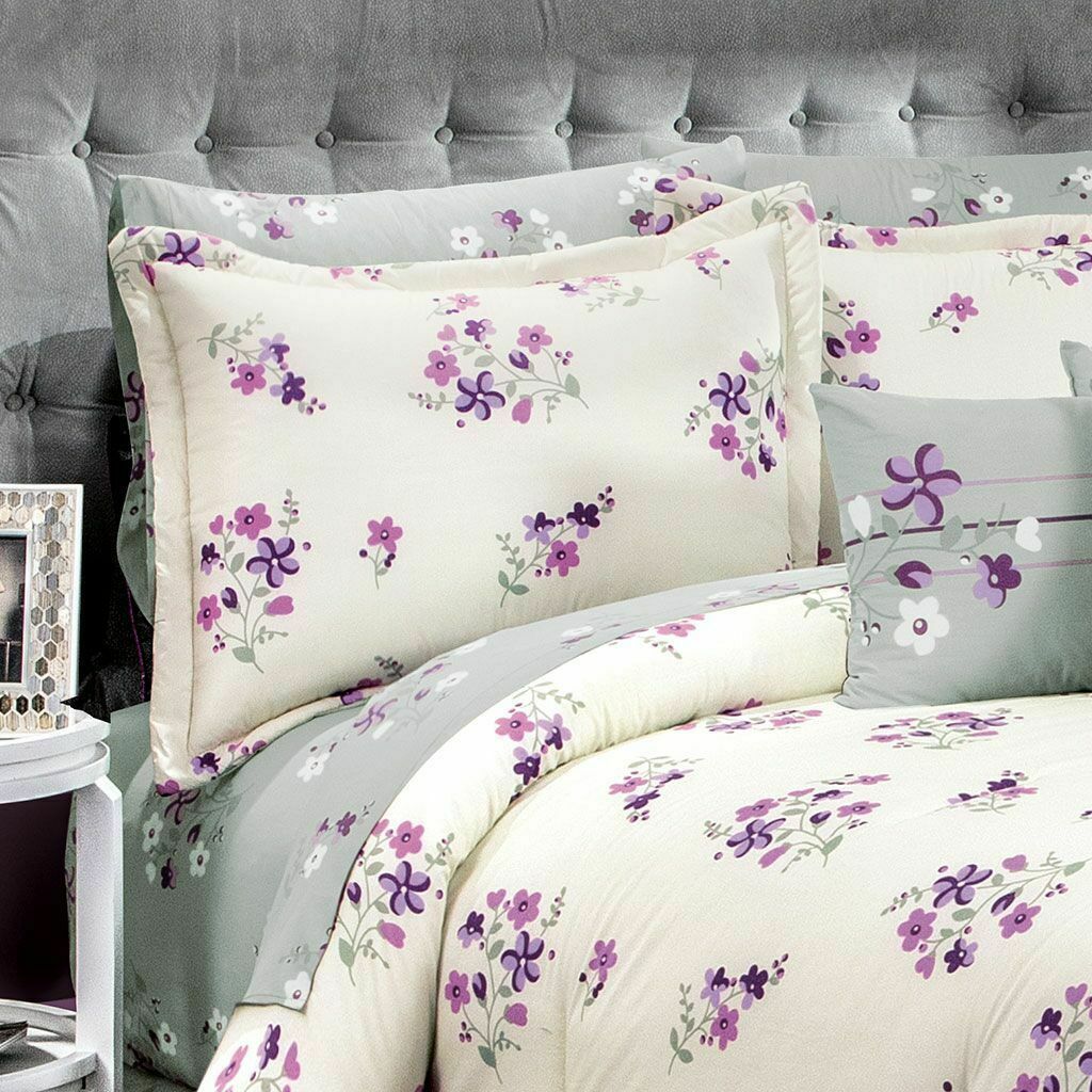 Violeta White with Lilac Floral 100% Cotton Comforter Set and Sheet Set ...