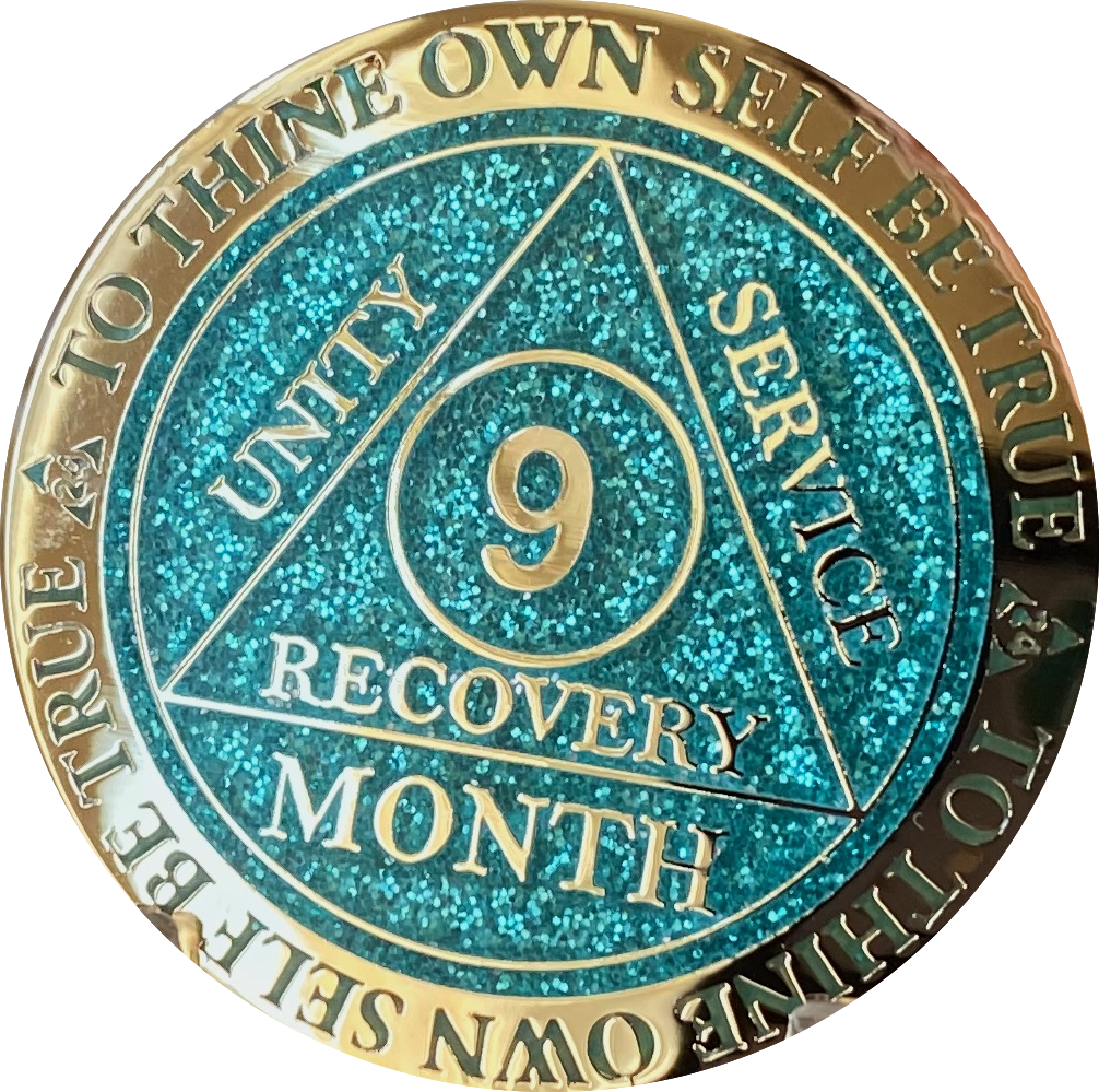 9 Month AA Medallion Recoverychip Reflex Aqua Glitter Sobriety Chip