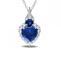 Heart Shape Halo Blue Simulated Sapphire Pendant Sterling Silver Chain Necklace - $44.54+