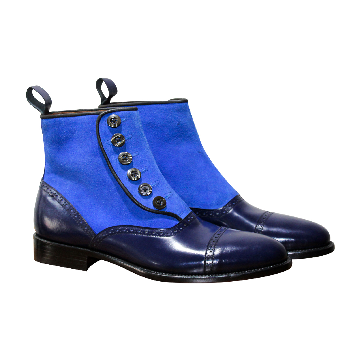 Handmade Men's Blue Suede & Leather High Ankle Buttons Boots