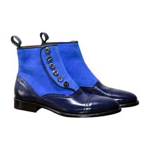 Handmade Men's Blue Suede & Leather High Ankle Buttons Boots image 1