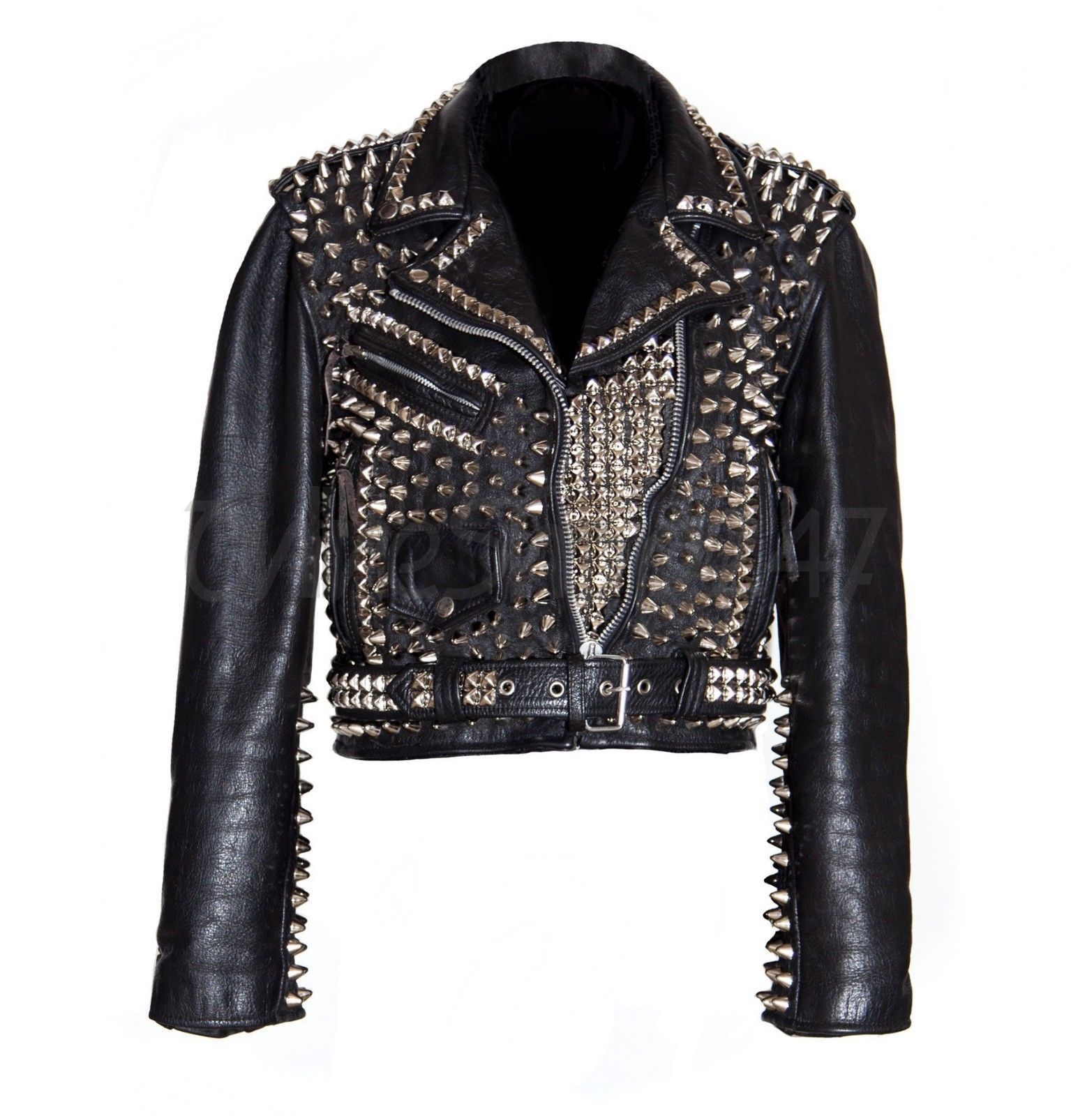 Rocky Style Woman Full Heavy Metal Spiked Studded Brando Black Leather Jacket