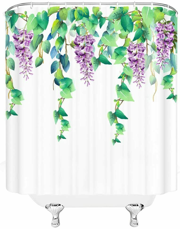 Purple Green White Wisteria Weeping Floral Farmhouse Fabric Shower 