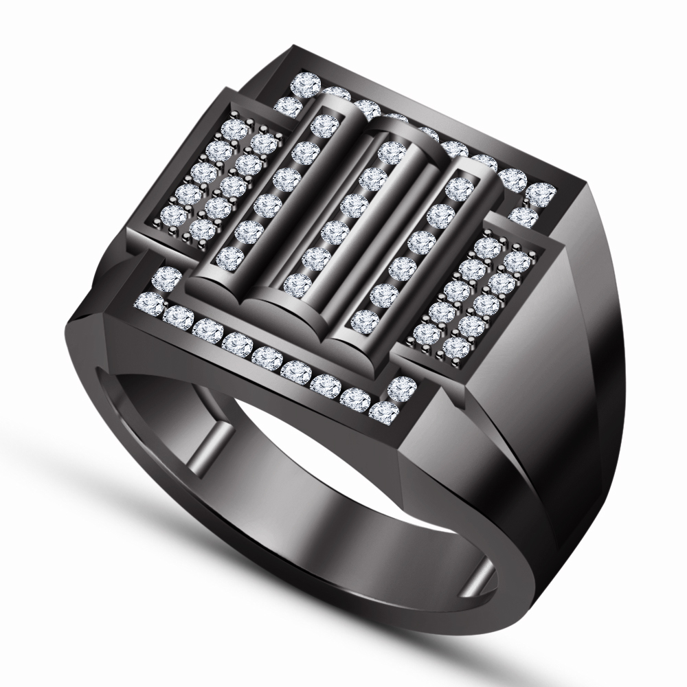 Unique Mens Ring Band, Black Gold Plated 925 Pure Silver White Diamond