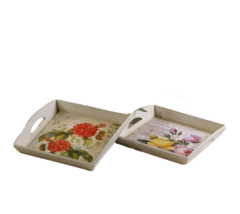 Floral Serving Trays Set of 2 Each with Handles Wood 14.6" Square Flowers Garden image 2
