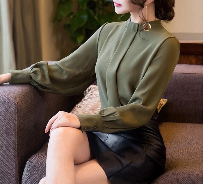 New olive green long sleeve women chiffon blouse top shirt casual