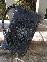 Trinity Ranch Genuine Leather Tooled Wallet Wristlet Gray Turquoise Concho