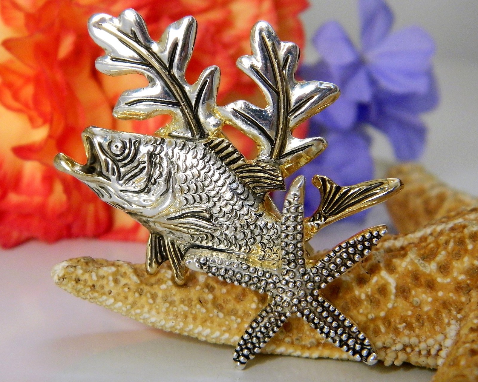 Grouper Bass Fish Pendant Brooch Pin Tropical Starfish Signed MJ Pins