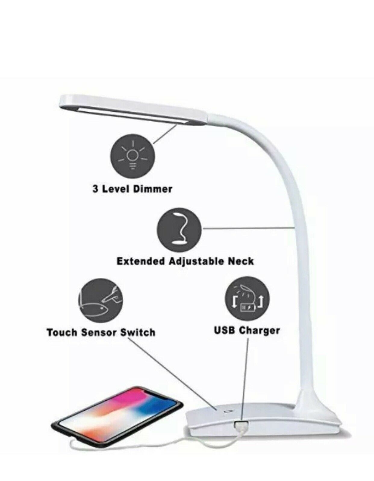 LED Desk Lamp with USB Charging Port 3Way Touch Switch Dorm Room