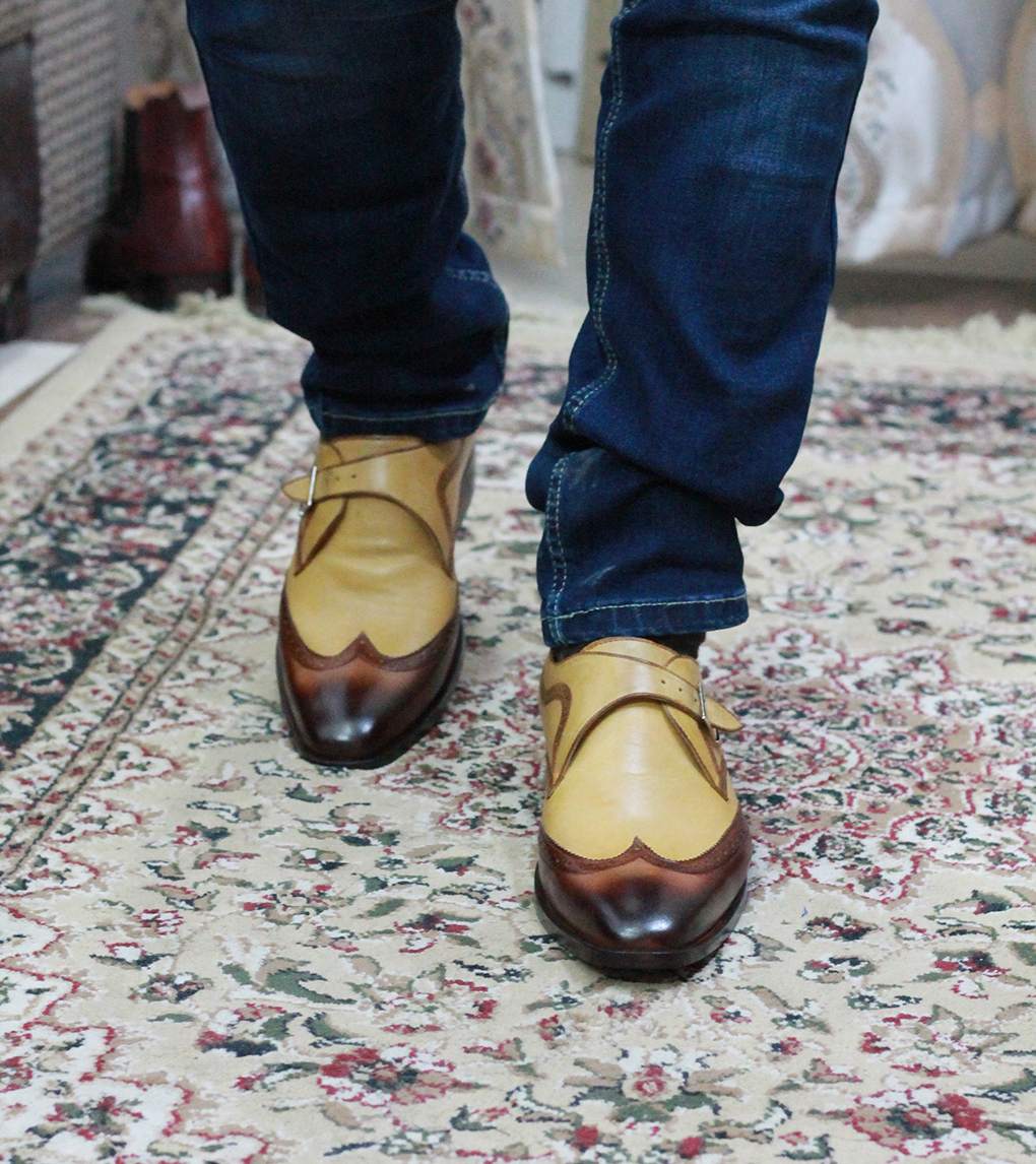 The Leather Souq - Handmade men's tan brown wingtip monk leather shoes, men's monk dress shoes