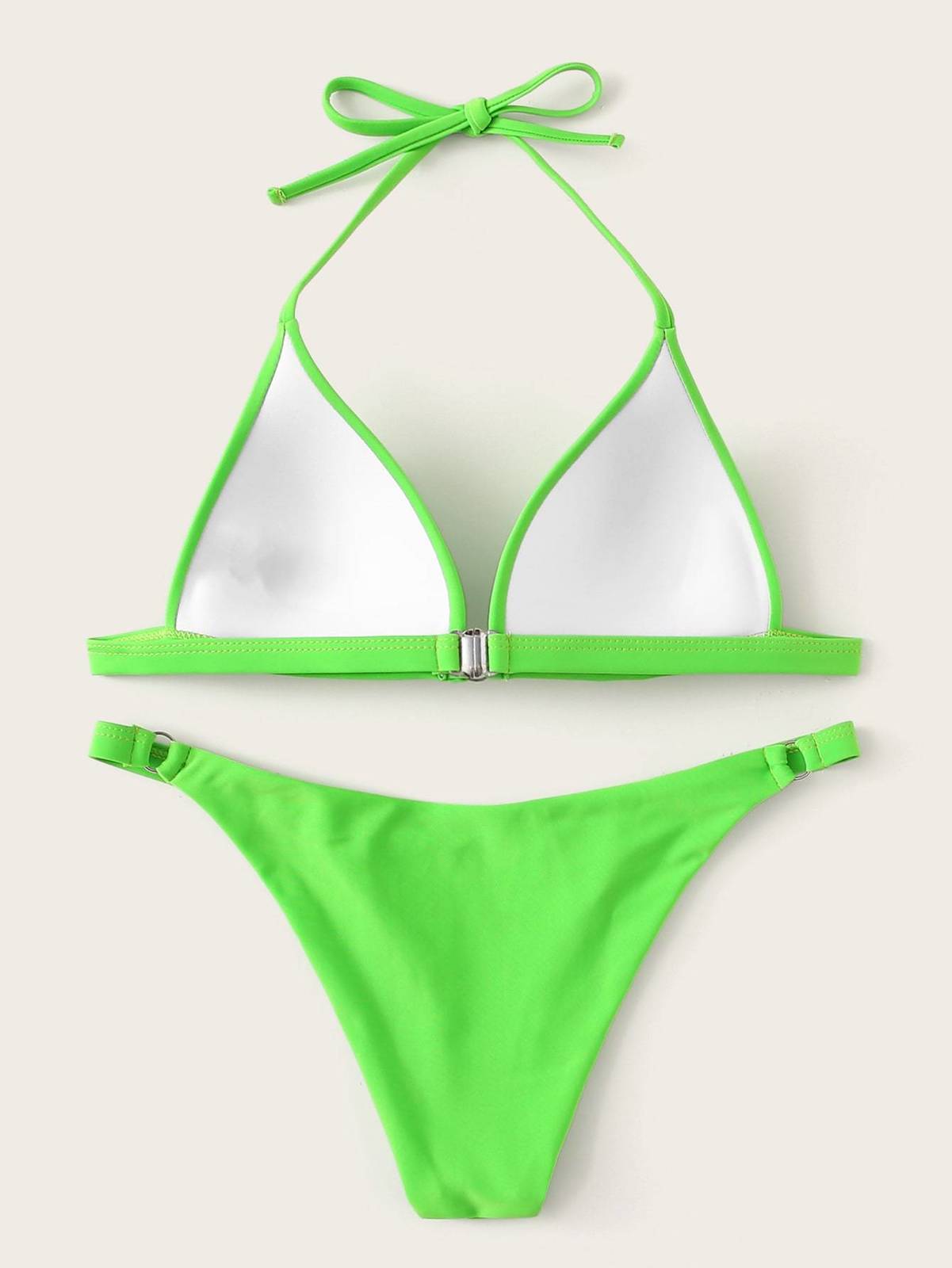 Neon Green Seam Triangle Top With Ring Loop Bikini Tops