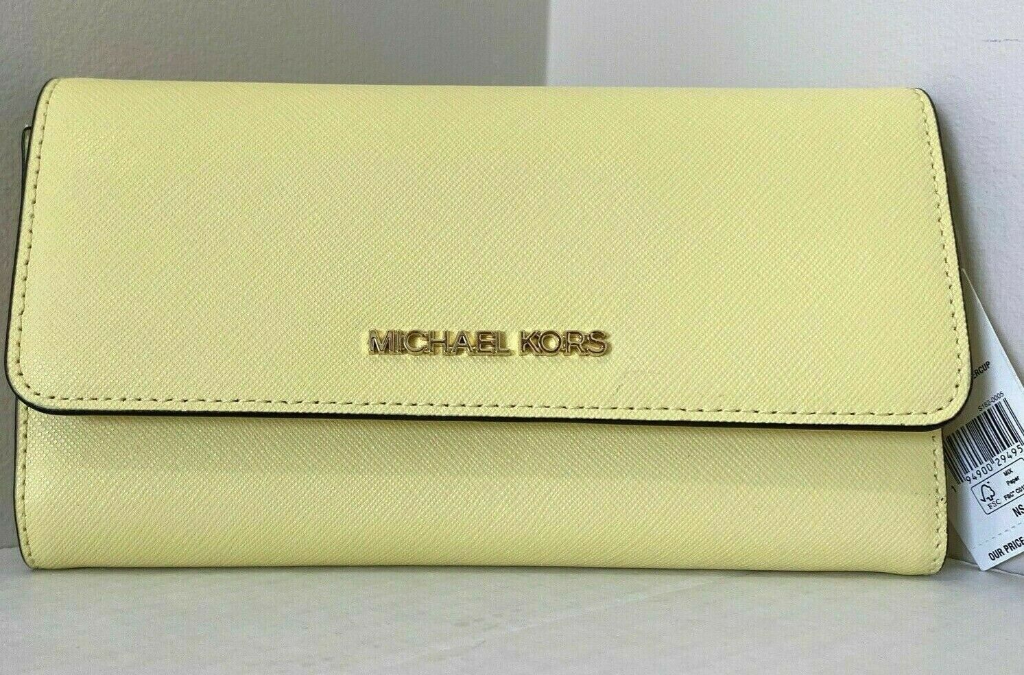 Michael Kors Jet Set Large Continental Wallet Wristlet Brown MK Buttercup  Yellow