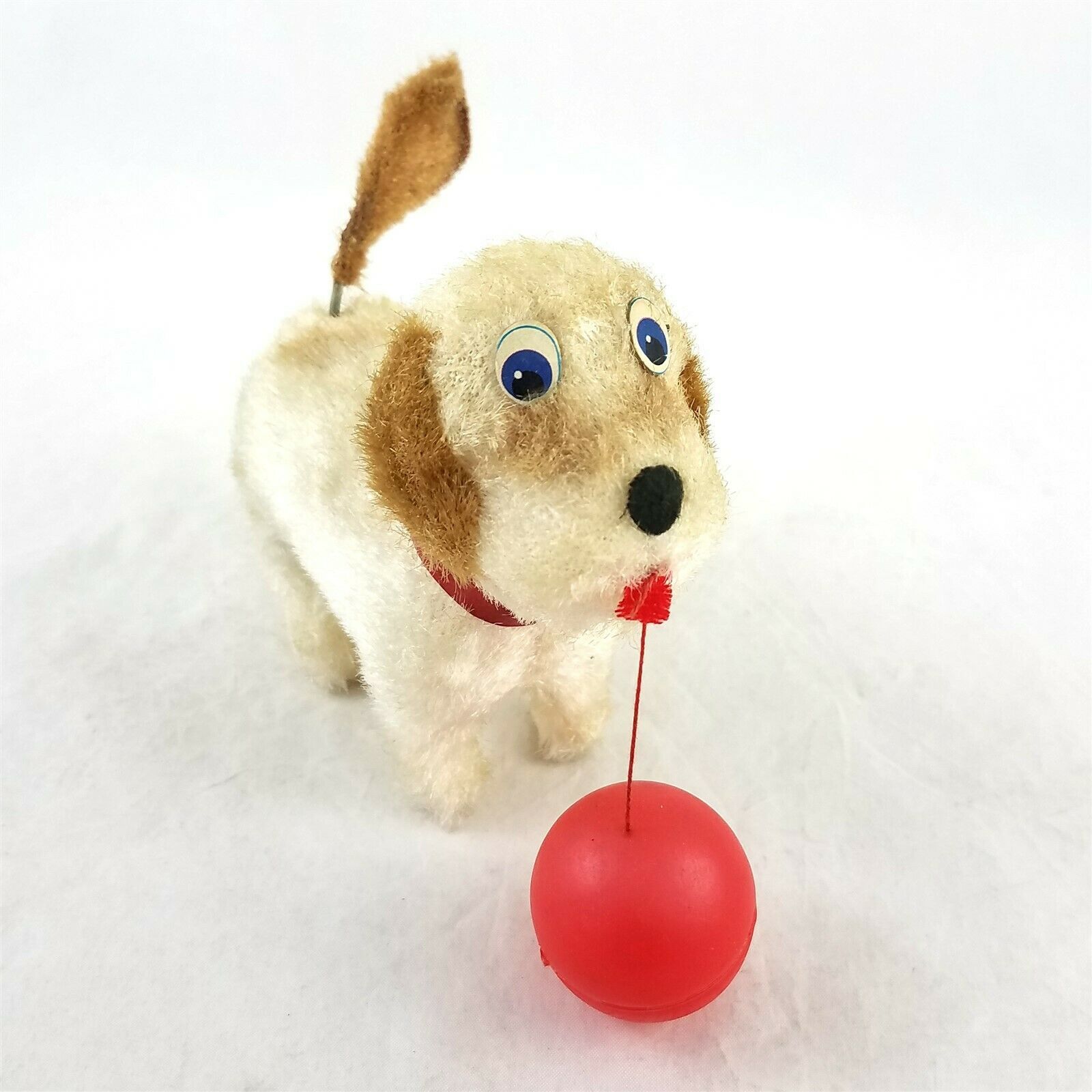 Vintage Working Wind Up Toy Dog with Red Ball Moving Tail 6 Inch Windup Toys