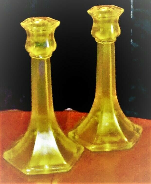 Vintage Fenton Federal Vaseline Glass Candle Holders Early 1920's