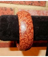 Cool vintage flower and vine pattern leather wrapped wood bangle bracelet - $12.00