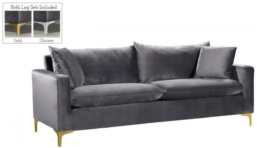 Grey Velvet Gold & Chrome Legs Sofa Modern Meridian Furniture 633 Naomi