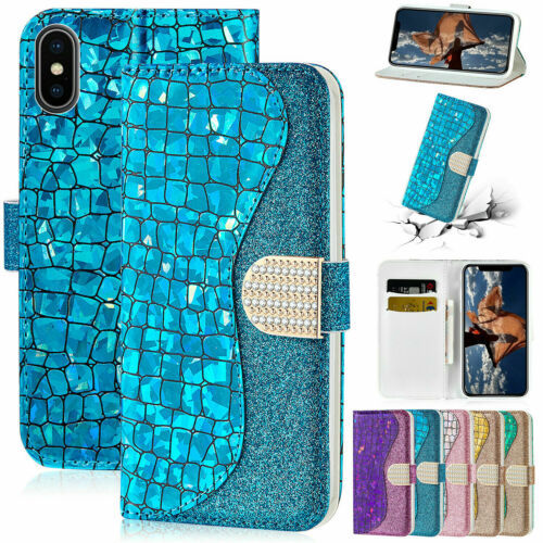 For iPhone 13 12 11 Pro XS Max XR Bling Leather Magnetic Flip back cover Case