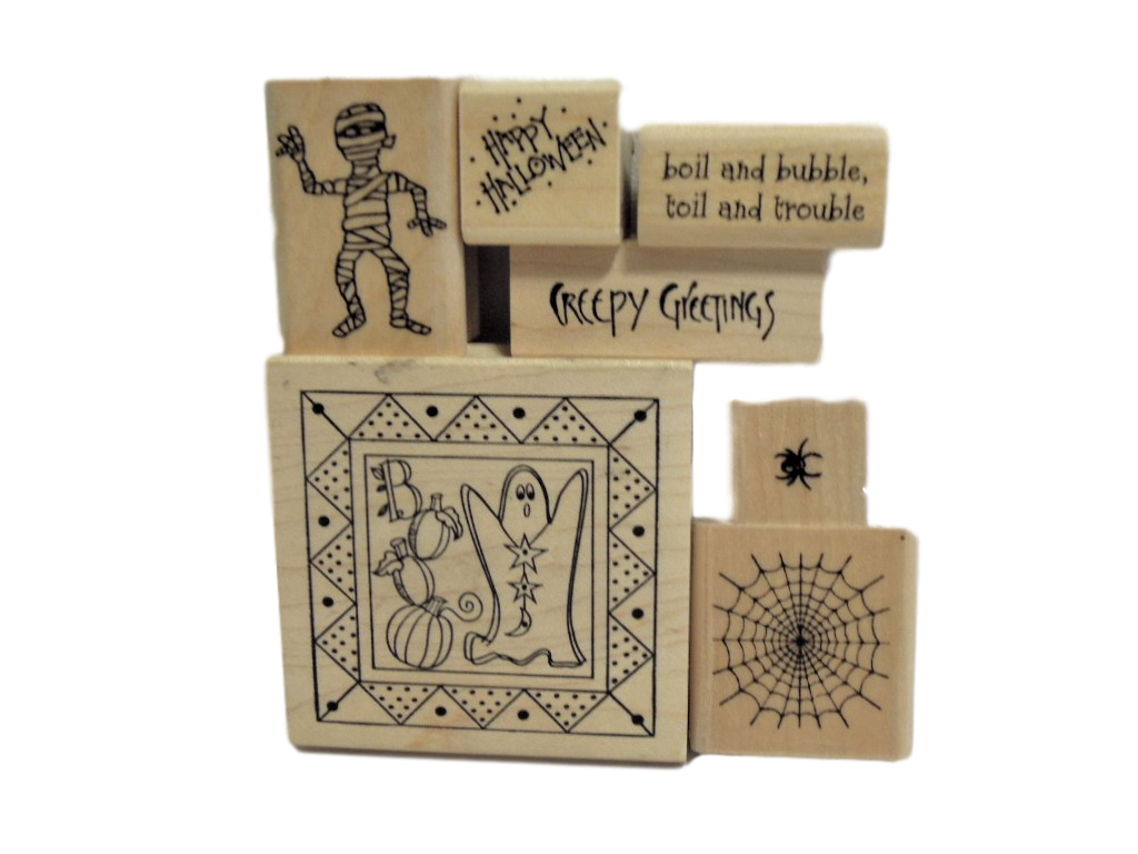 Halloween Stamps Set of 7 Different Stamps Mounted on Wood Stamp
