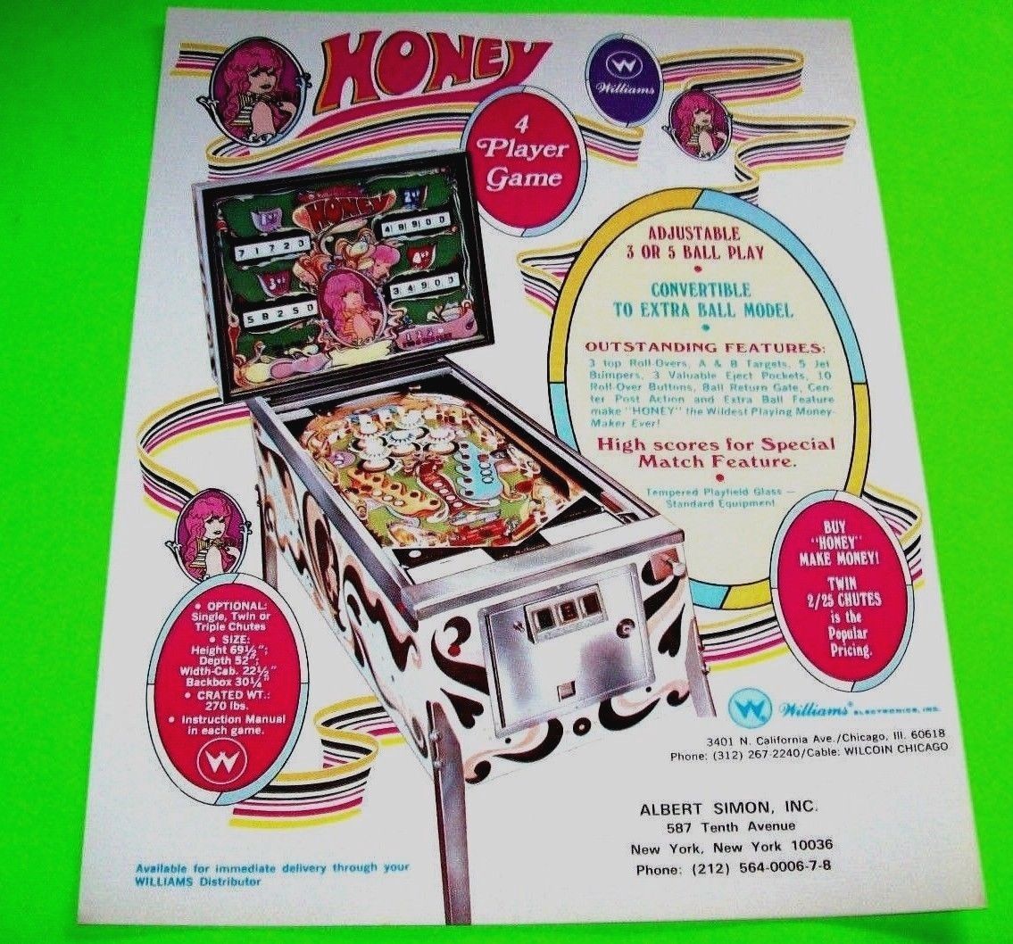 Honey Pinball FLYER 1972 Original NOS Williams Game Artwork Sheet Non ...