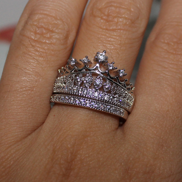 Queen Princess Crown Shaped Engagement Ring Set 14k White Gold Finish