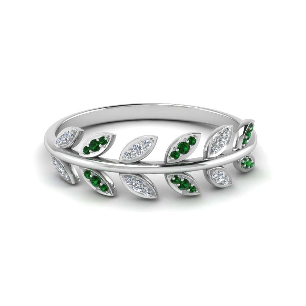 Women's Leaf Pattern Wedding Ring Green Emerald & CZ Diamond 14K White Gold FN