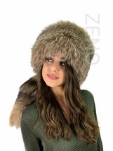Natural Raccoon Fur Hat Brown Color Saga Furs Detachable Tail Full Pillbox Hat image 4