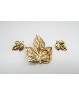 Vtg gold tone leaf brooch &amp; clip on earring set w/ AB rhinestone accents - $20.00