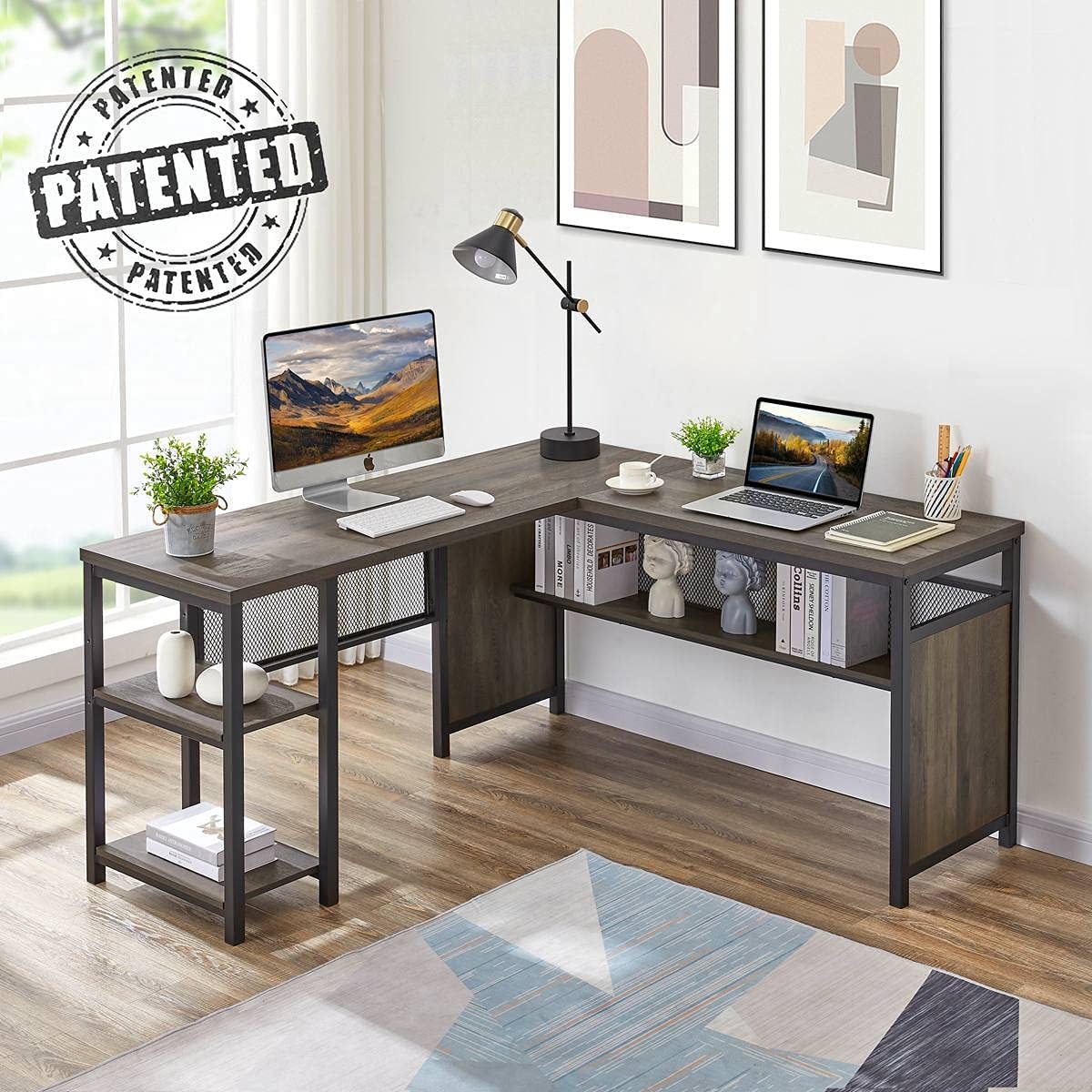 FATORRI L Shaped Computer Desk, Industrial Home Office Desk with