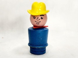 Vintage Fisher Price WOODEN Little People Man Yellow Cowboy Hat Farmer Blue Body - $19.99