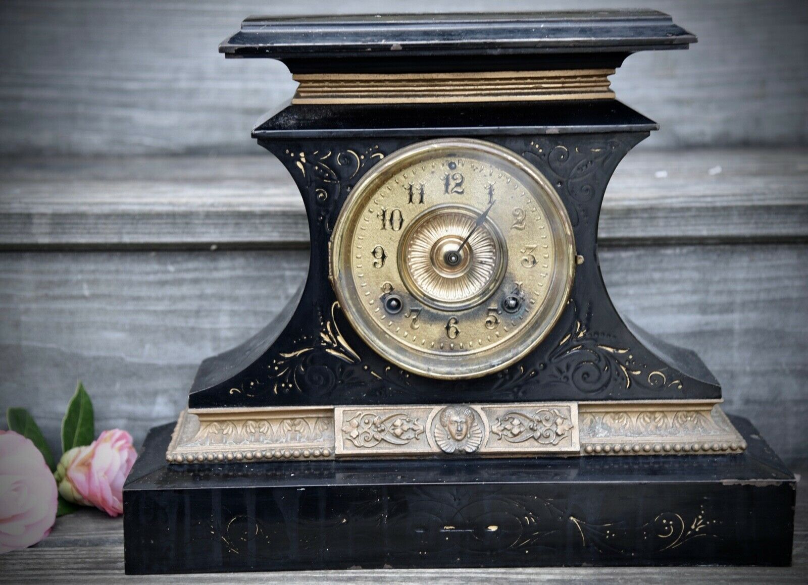 Antique Black Cast Iron Ansonia Mantel Mantle Clock Pat June 18 1882