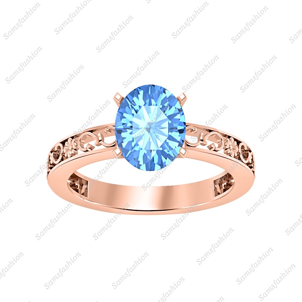 Women's Solitaire Oval Shaped Blue Topaz 14k Rose Gold Over Engagement Ring
