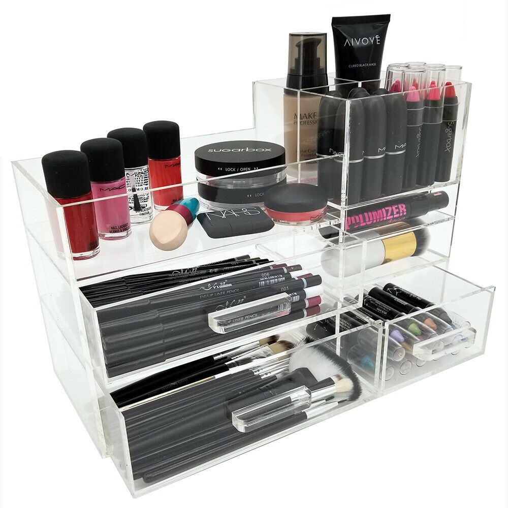 NEW! DELUXE MAKEUP ORGANIZER - ACRYLIC 4 DRAWER COSMETIC DISPLAY CASE w ...