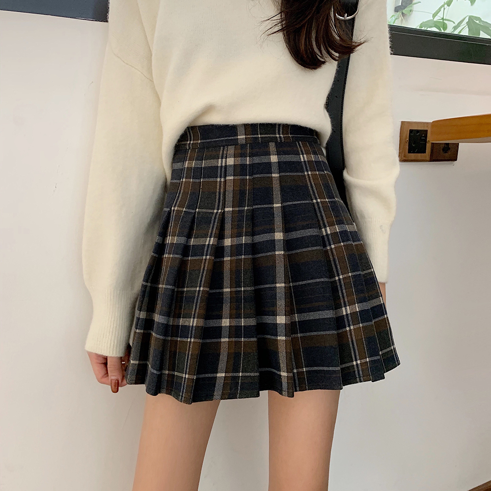 Brown Plaid Skirt Outfit Winter Thick Mini Pleated Plaid Skirt Plus ...