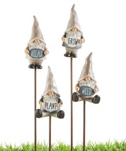 Gnome Garden Plant Picks Set 4 with Sentiment 15" High Resin Metal Carved Look