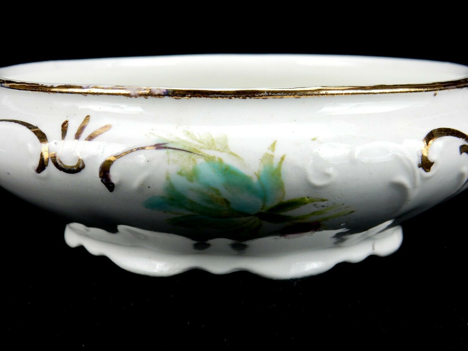 Porcelain Covered Dresser Dish, Dresden SemiPorcelain, Pink Flowers With Gold T Figurines